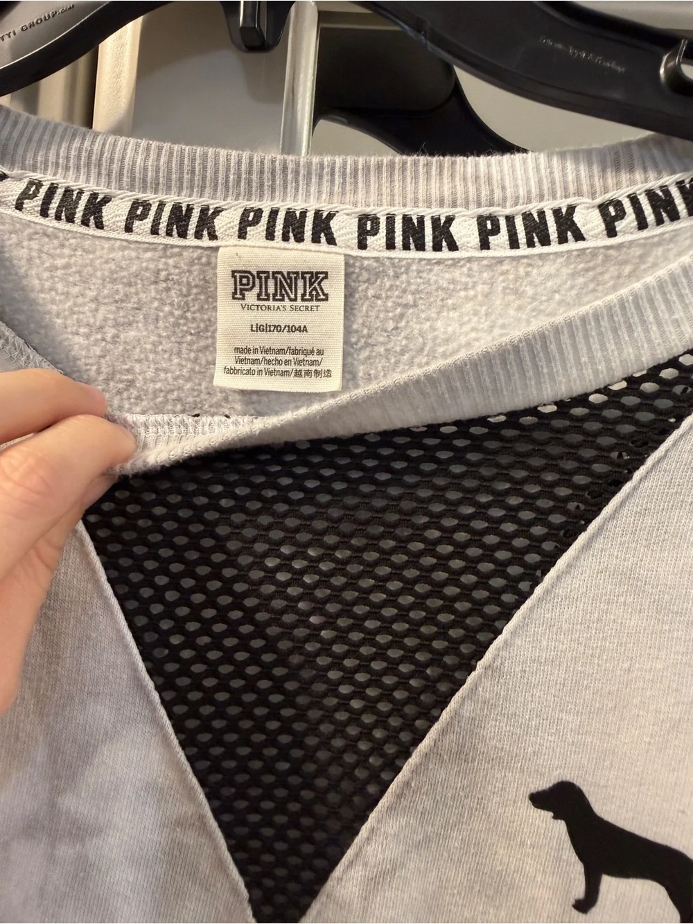 Victoria's Secret PINK Light Gray Tie-Dye Crewneck with Black Mesh V-Inset